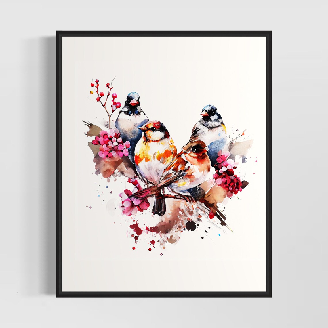 Four Songbirds Gathering Among Red Berries Watercolor Poster