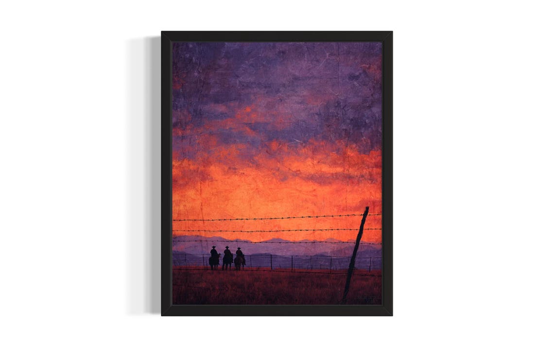 Three Cowboys Silhouetted Under A Purple And Orange Sunset Poster
