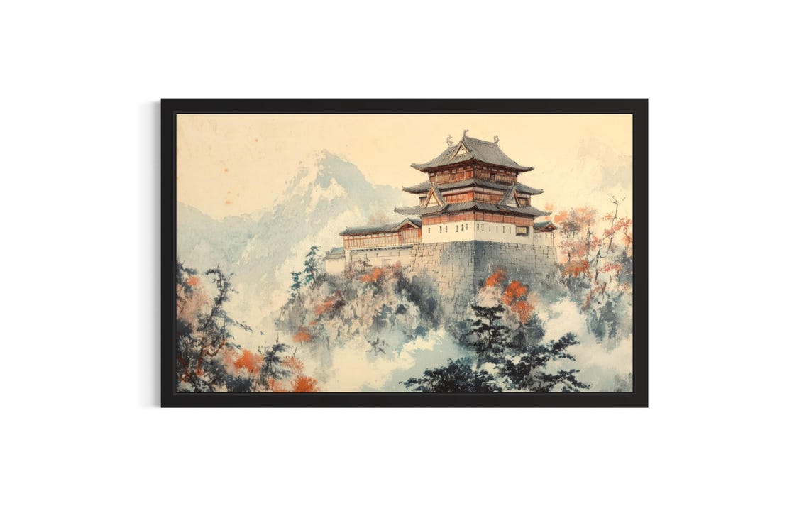 Japanese Castle on a Misty Hill in Autumn Vintage Art Poster