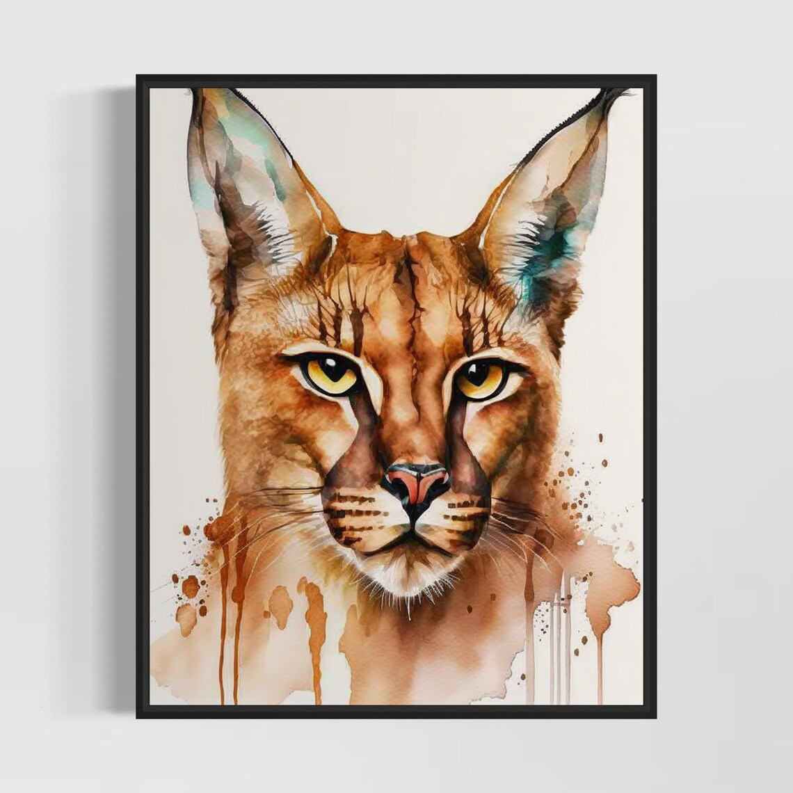 Caracal Wild Cat Close Up Golden Eyes Watercolor Portrait Poster