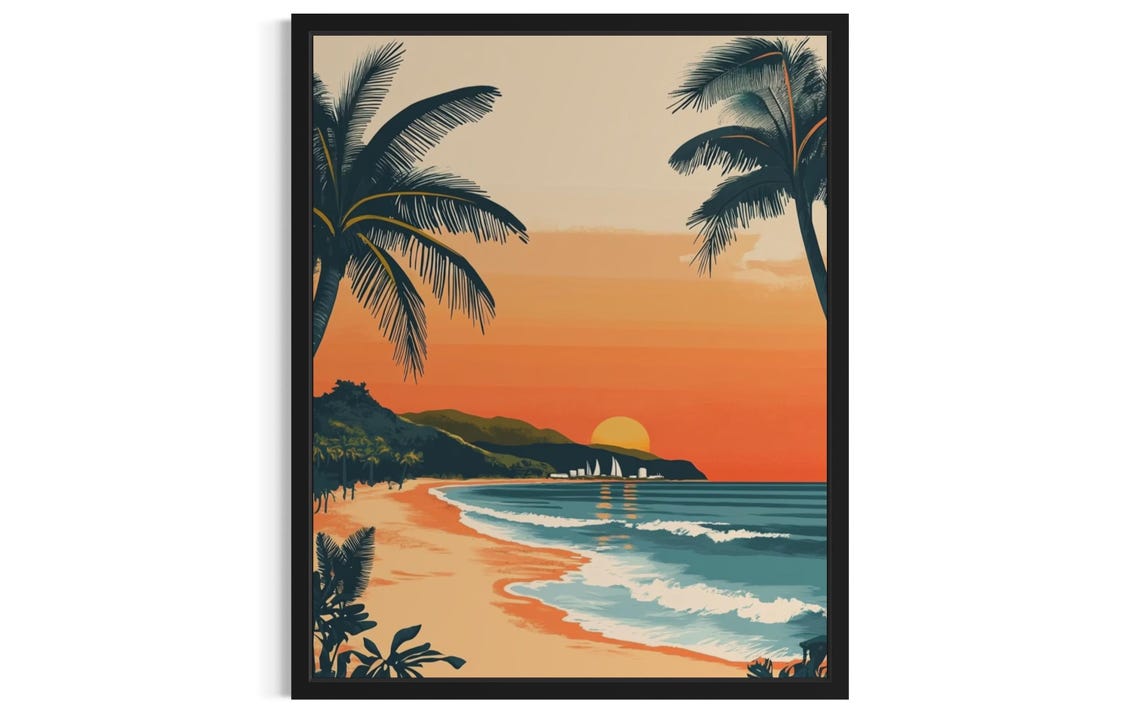 Beach Sunset Sailboats Palm Frame Retro Vintage Travel Poster
