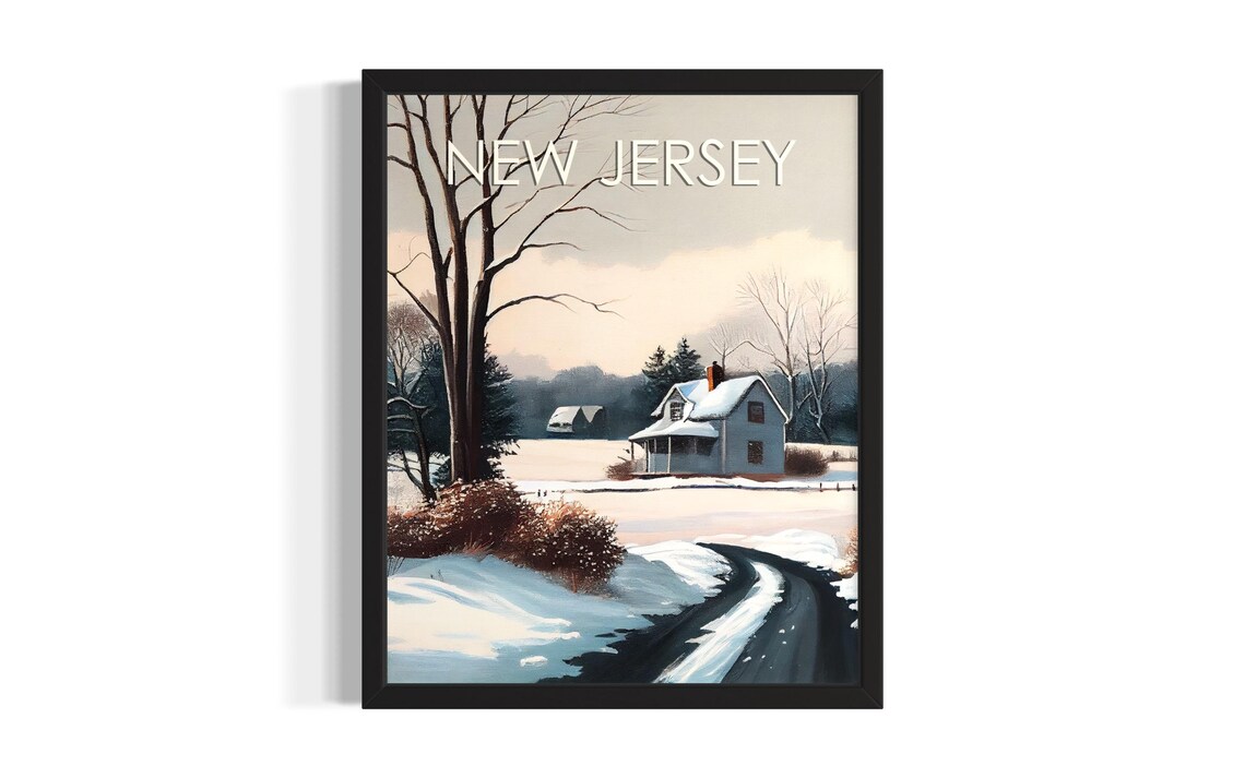 New Jersey Snowy Farmhouse Road Winter Dusk Country Scene Poster
