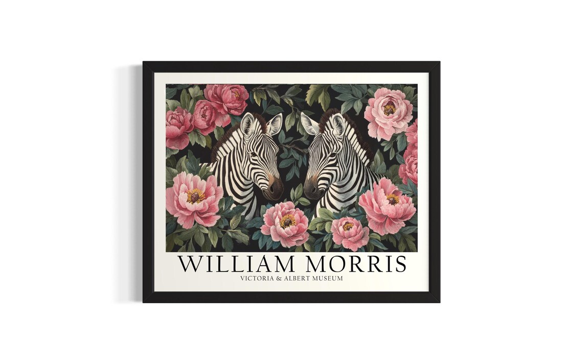 Two Zebras Among Pink Peonies William Morris Inspired Art Poster