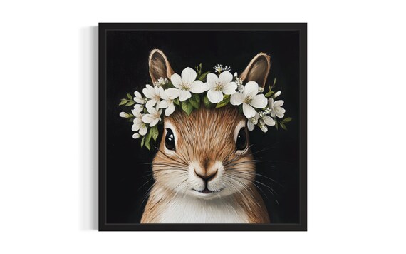 Chipmunk with White Blossom Flower Crown on Black Painting Poster