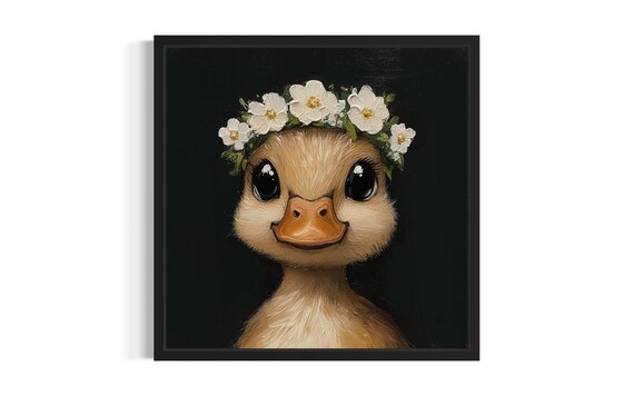 Baby Duck Flower Crown Portrait on Black Background Art Poster