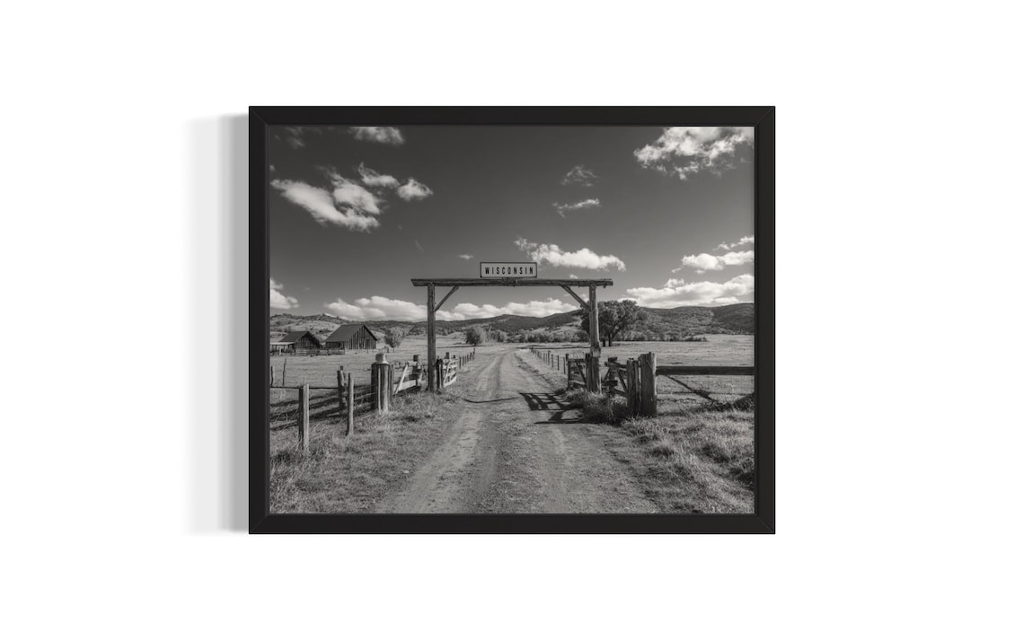 Wisconsin Vintage Ranch Gate Farm Road Black and White Photo Poster