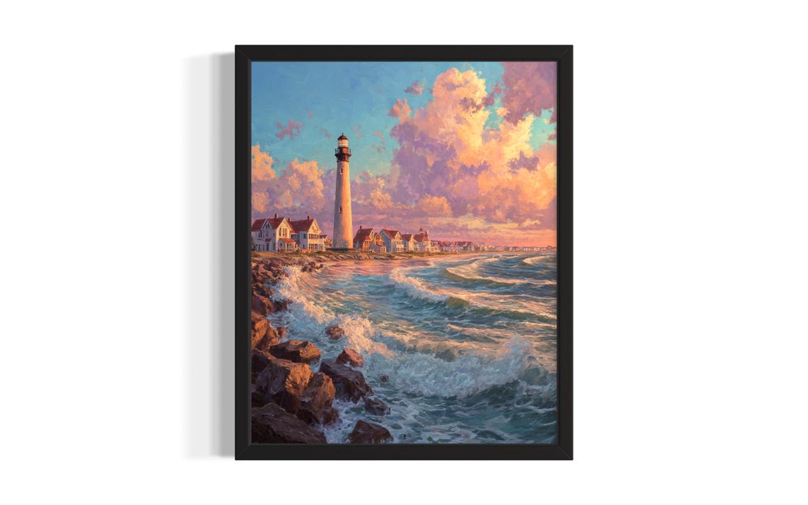 Lighthouse Sunset Rocky Coast Ocean Waves Seascape Art Poster