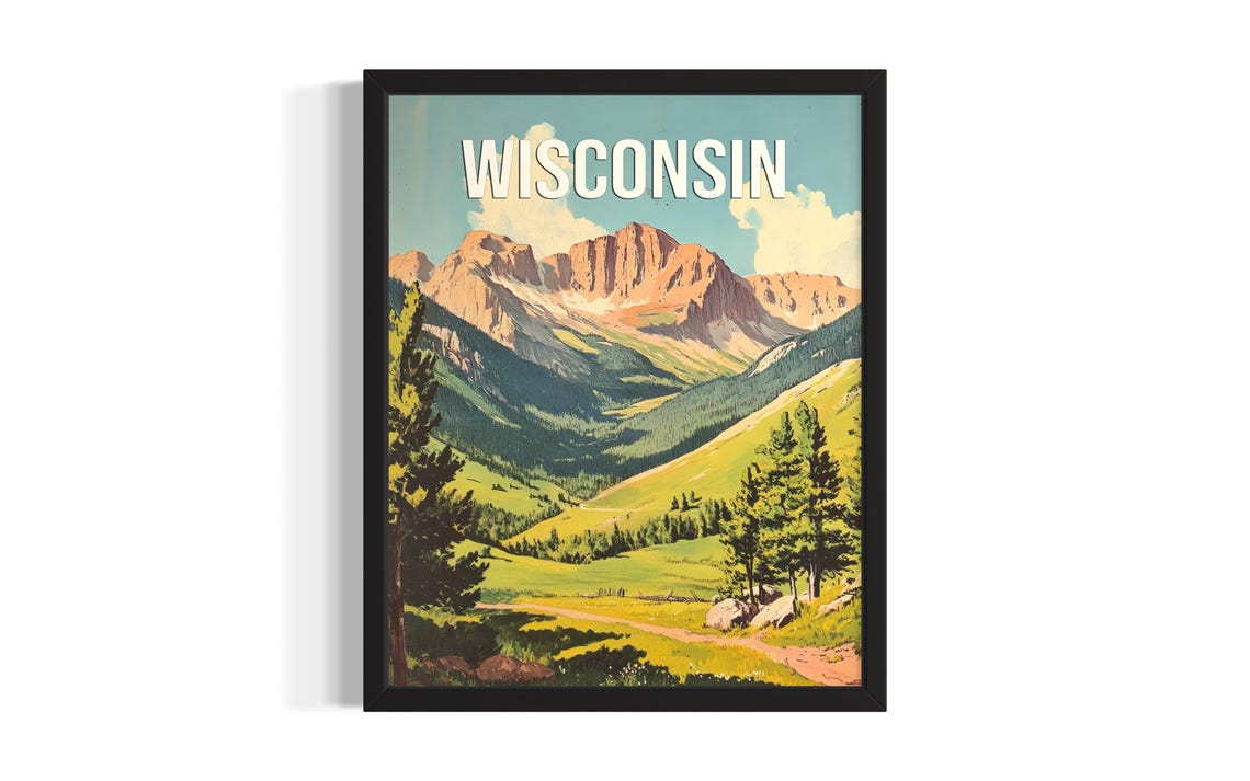 Wisconsin Vintage Alpine Mountain Valley Meadow Travel Poster