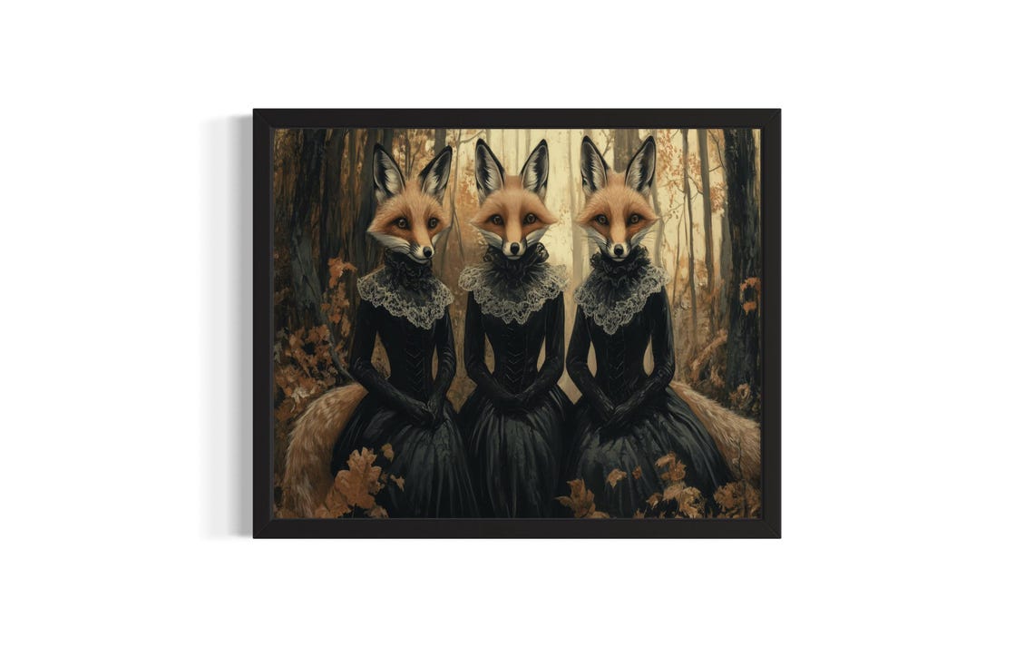 Three Foxes in Black Victorian Gowns Gothic Woodland Art Poster