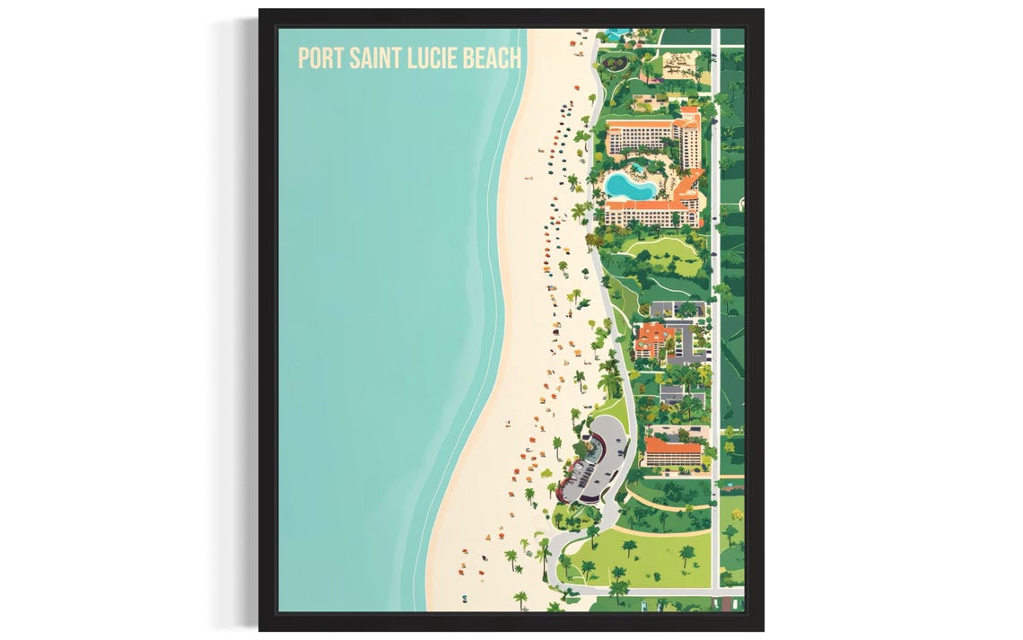 Port Saint Lucie Beach Aerial Resort View Retro Travel Poster