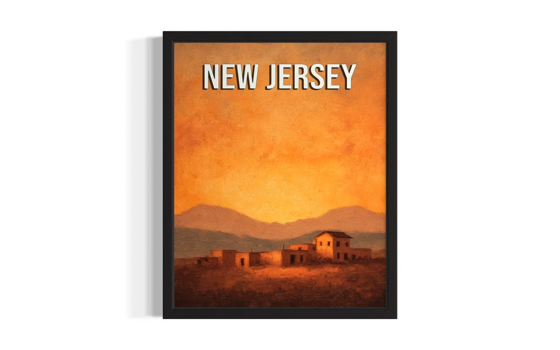 New Jersey Adobe Buildings at Sunset with Mountains Vintage Poster