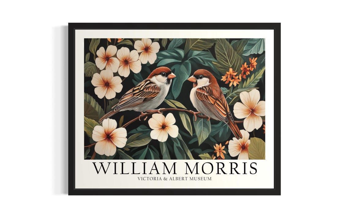 William Morris Sparrow Pair White Flower Vintage Garden Poster
