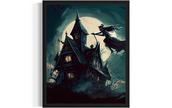 Witch Flying Over Haunted House Under Full Moon Halloween Poster