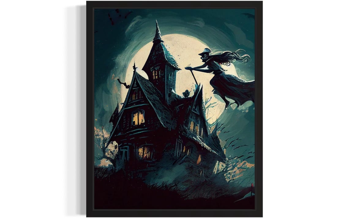 Witch Flying Over Haunted House Under Full Moon Halloween Poster