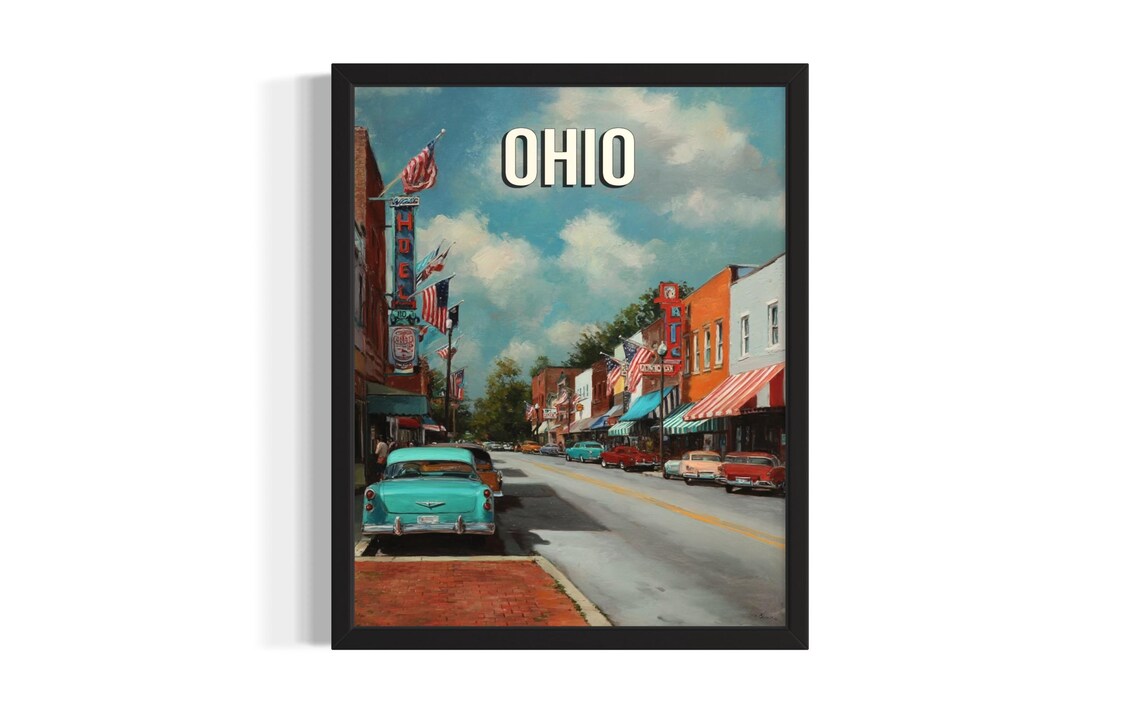 Ohio Small Town Main Street Classic Cars Retro Americana Scene Poster