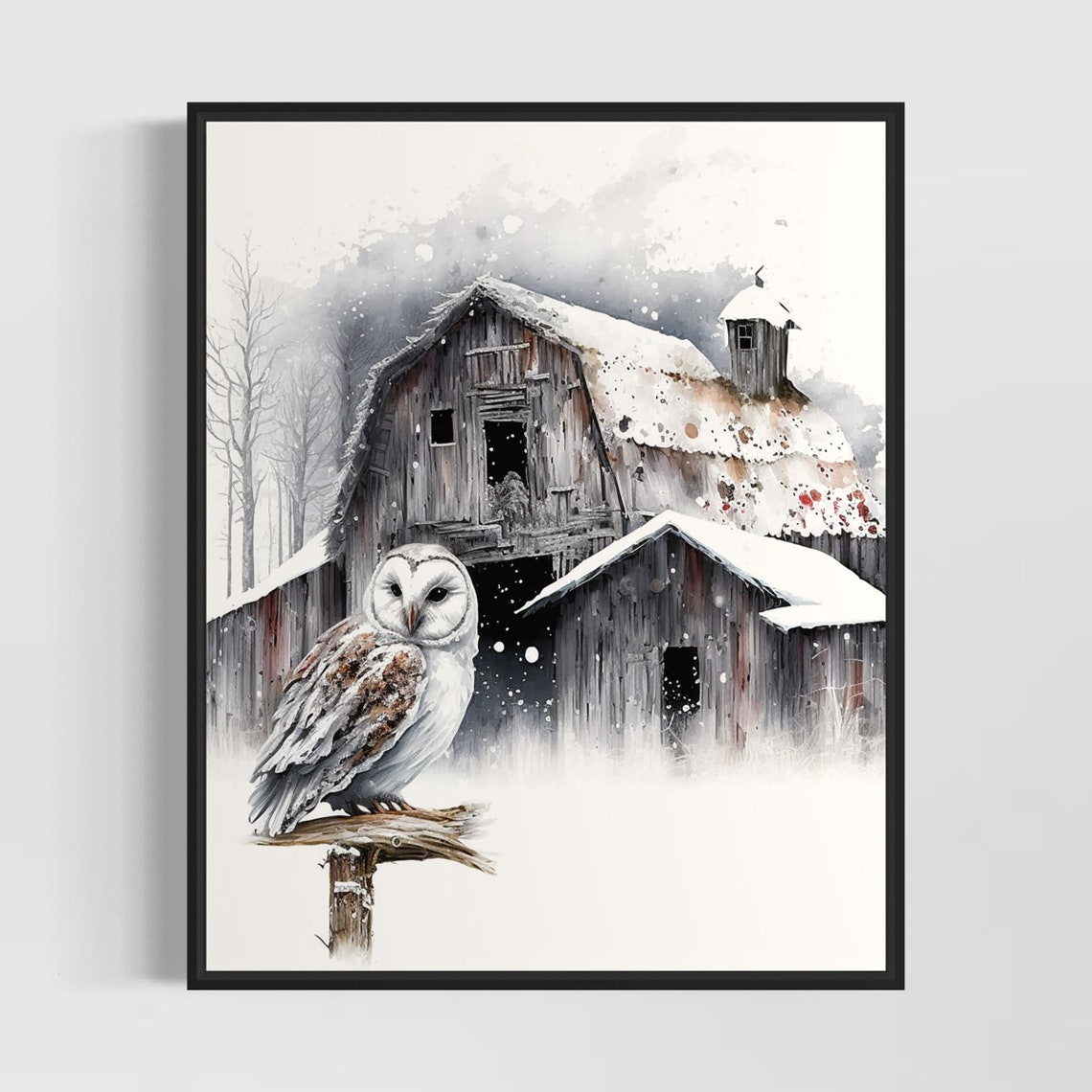 Barn Owl On A Post Before A Snowy Old Barn Watercolor Poster
