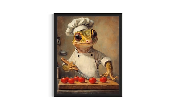 Gecko Chef Oil Painting Portrait Reptile Kitchen Decor Poster