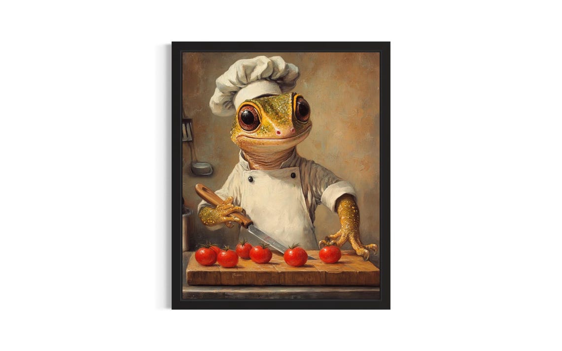 Gecko Chef Oil Painting Portrait Reptile Kitchen Decor Poster