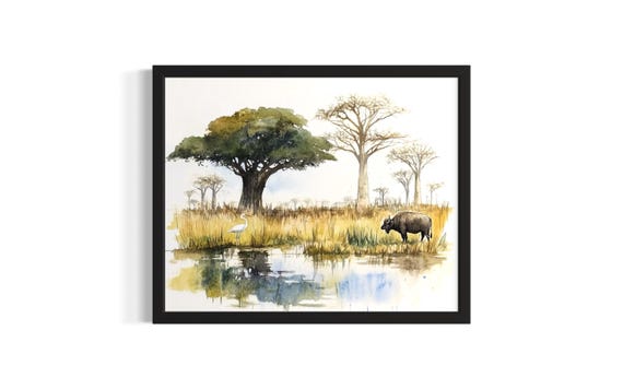 Buffalo And Egret Animal In Safair Harmony Poster Art Print Living Room Wall Original Painting Artwork Decor
