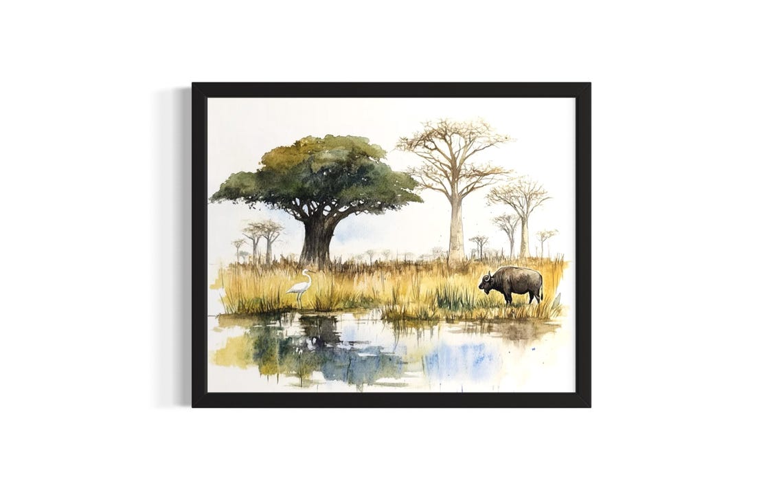 Peaceful Buffalo and Egret at a Savanna Waterhole Watercolor Poster