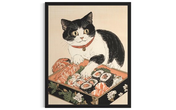 Tuxedo Cat Guarding Sushi Feast Vintage Japanese Woodblock Art Print