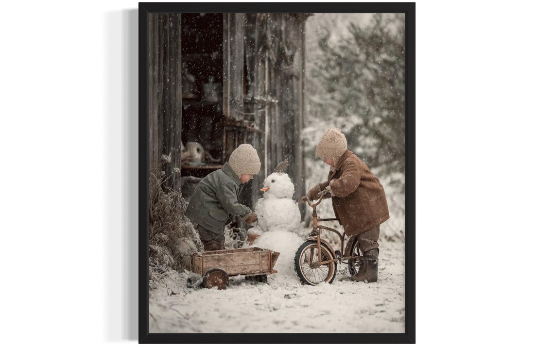 Two Children Building A Snowman In A Vintage Winter Scene Poster