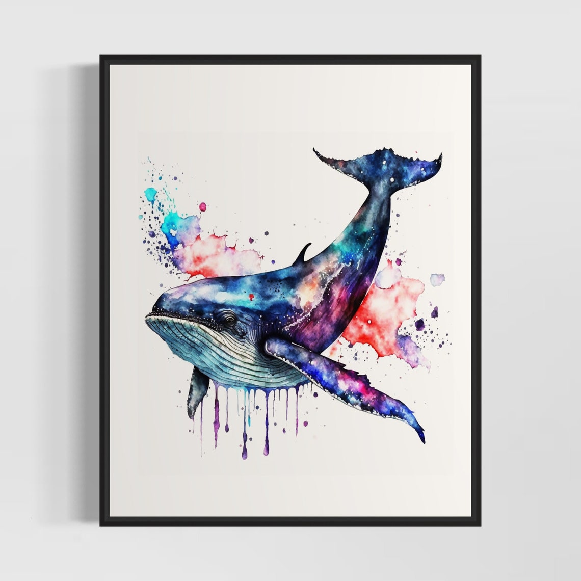 Humpback Whale Leaping in Galaxy Watercolor Ocean Art Poster