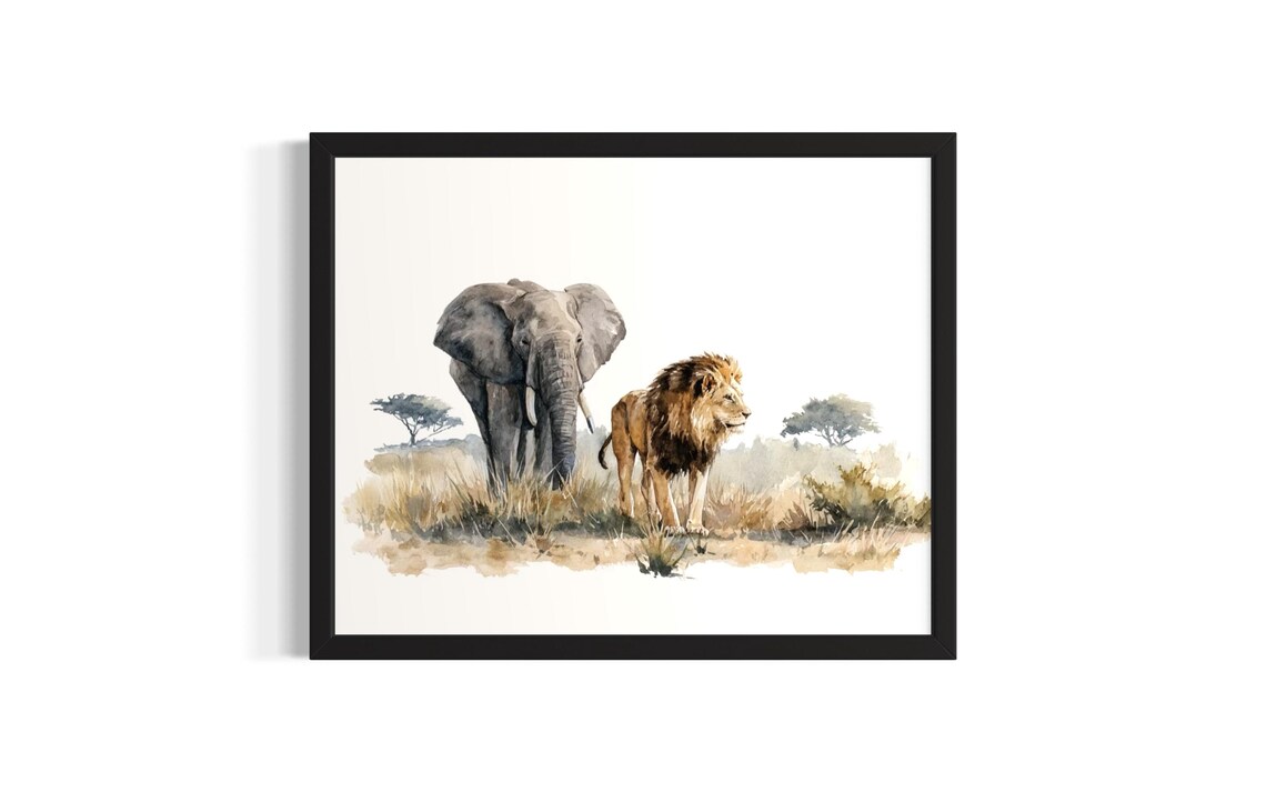 Elephant And Lion Safari Watercolor African Savannah Wildlife Poster