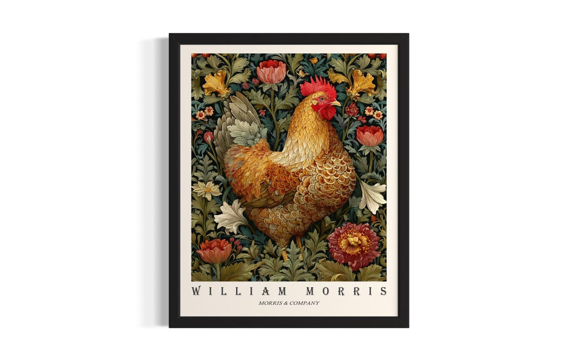 William Morris Rooster Floral Portrait Vintage Botanical Poster