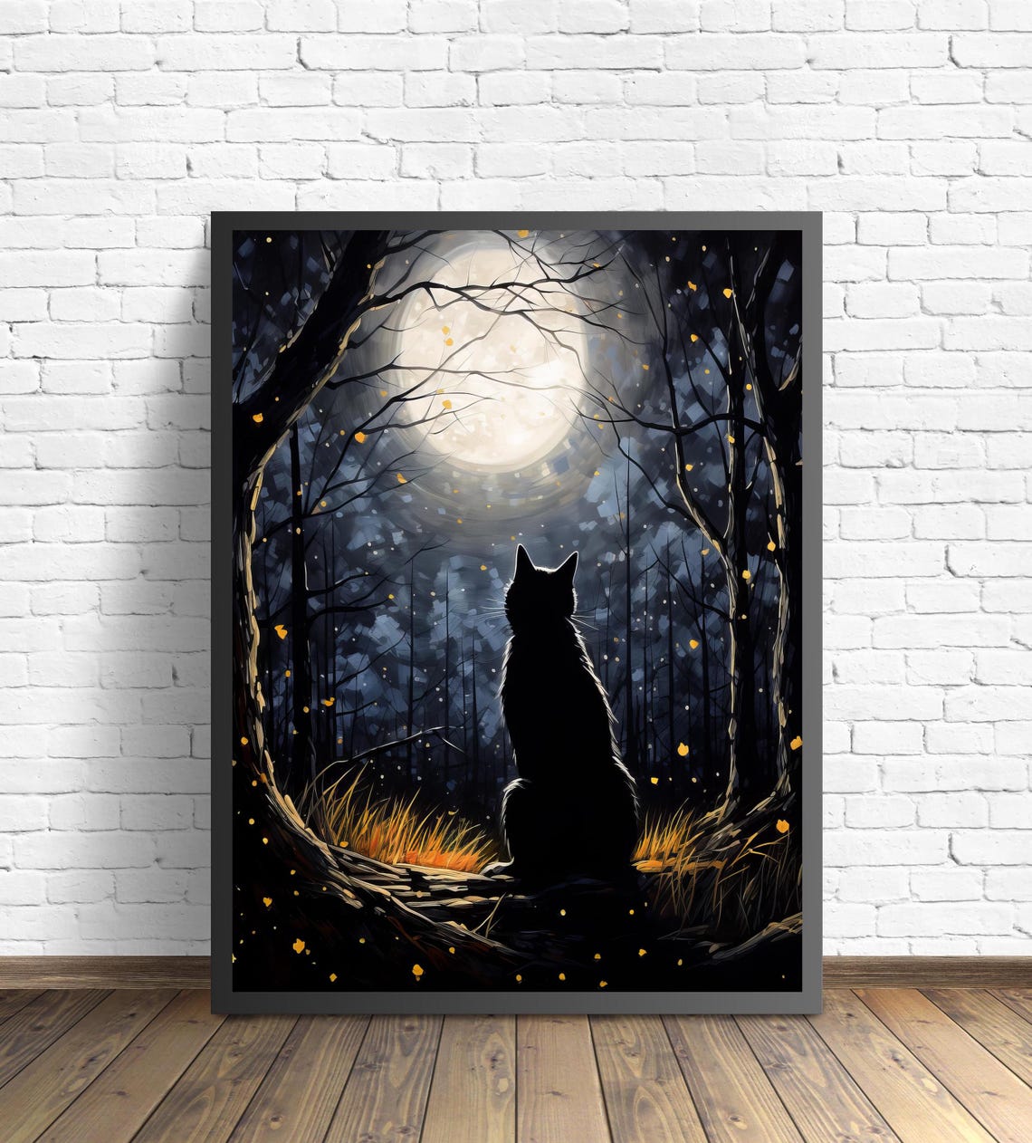 Black Cat Silhouette In A Moonlit Forest Magical Night Scene Poster