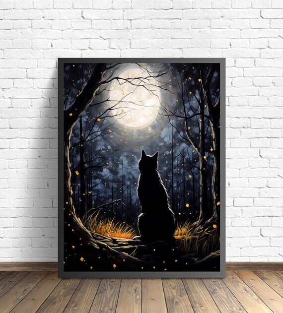 Black Cat Silhouette In A Moonlit Forest Magical Night Scene Poster