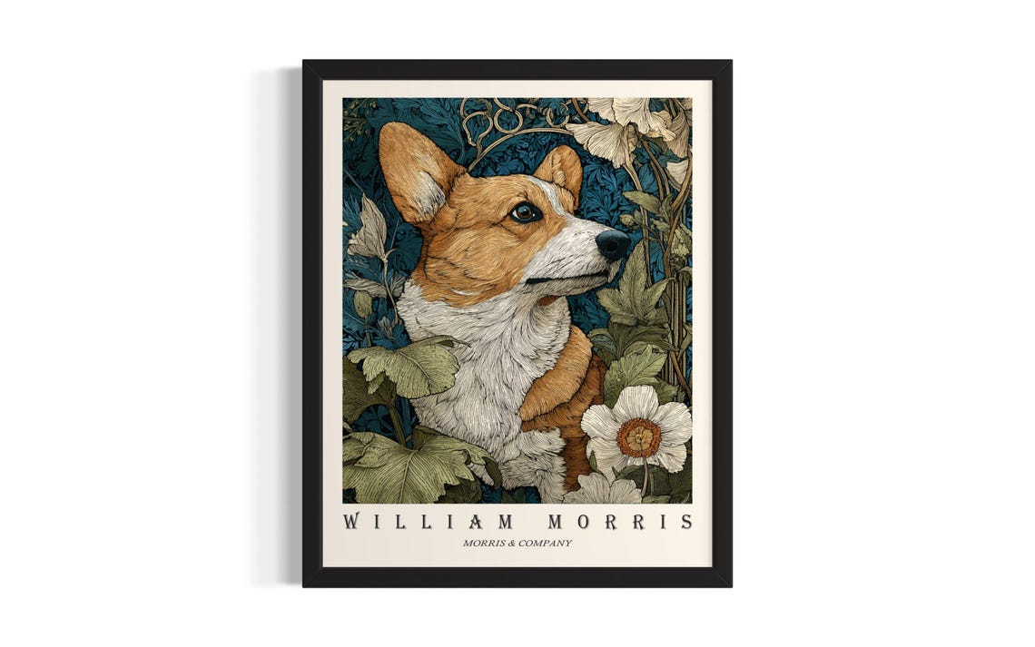 Corgi William Morris Floral Botanical Dog Portrait Art Poster