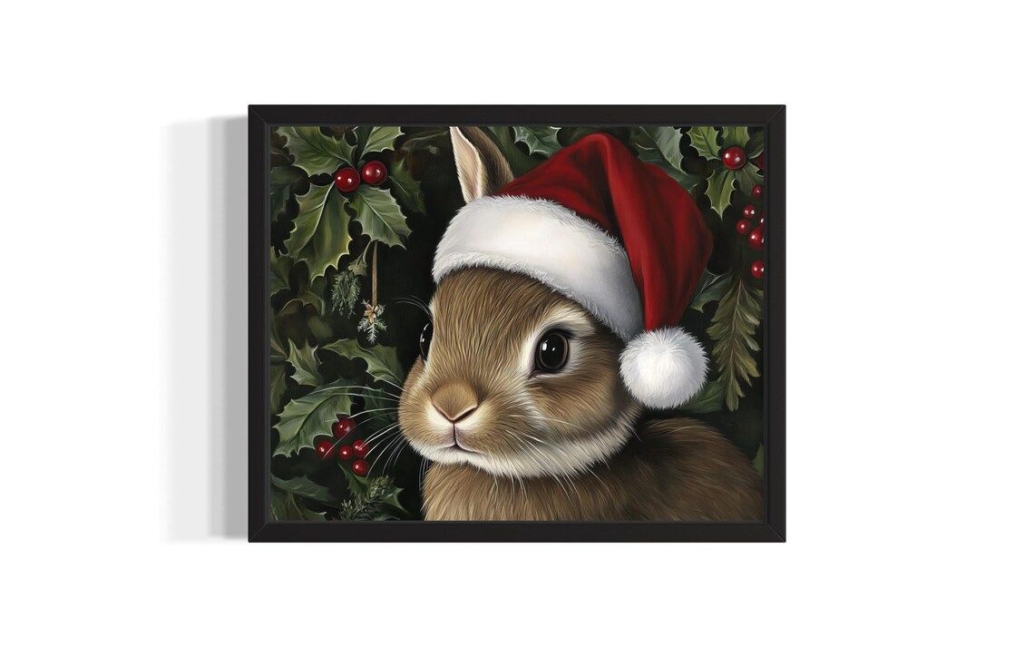 Cute Bunny in Santa Hat with Holly Berries Christmas Painting Poster