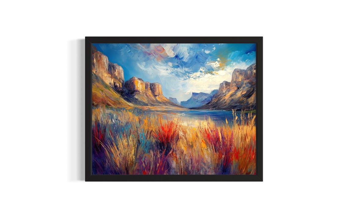 Desert Valley with Cliffs and Colorful Grasses Sunset Hues Art Poster
