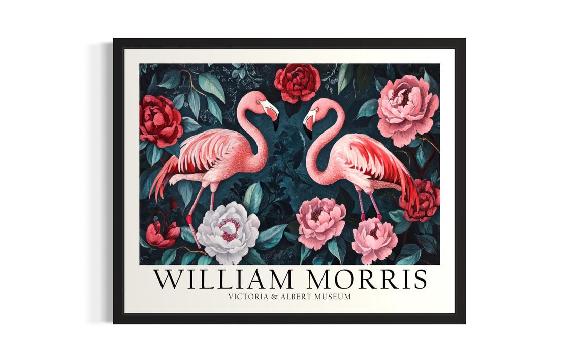 William Morris Pink Flamingos With Peony Blossoms Tropical Art Poster