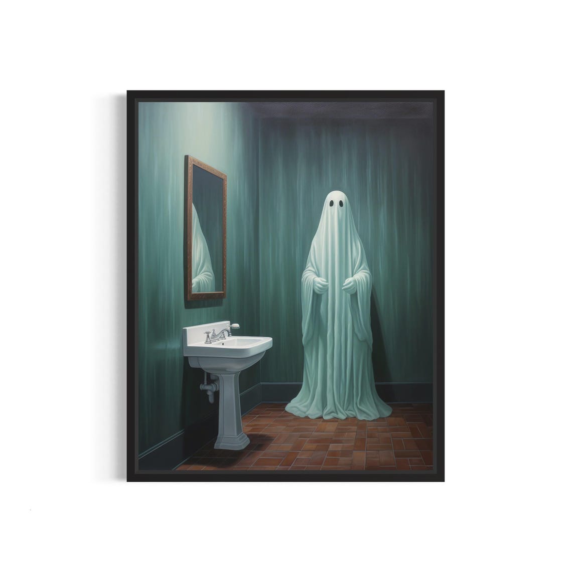 Vintage Ghost In A Restroom By The Sink Moody Painting Poster