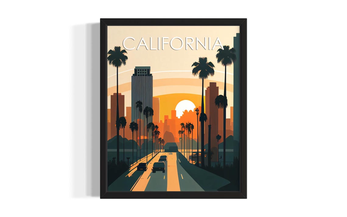 California Sunset City Palm Trees Freeway Retro Silhouette Poster