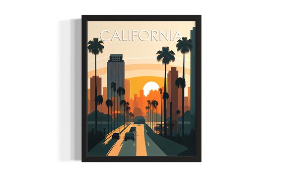 California Sunset City Palm Trees Freeway Retro Silhouette Poster