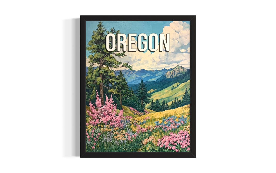 Oregon Pink Wildflower Meadow Pine Forest Hillside View Poster
