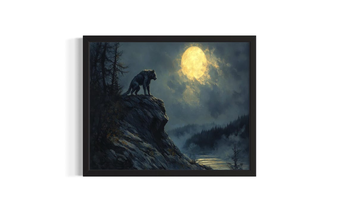 Lycan on Cliff Edge Golden Full Moon Dark Fantasy Art Poster