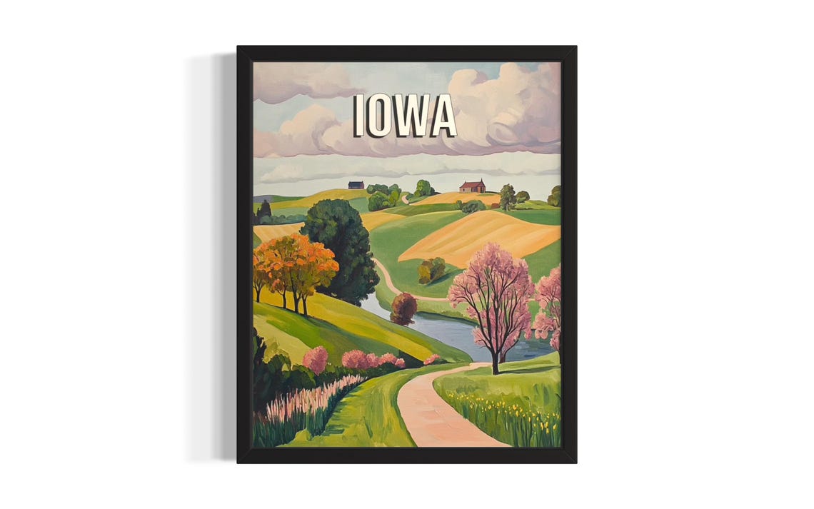 Iowa Spring Blossom Hills Winding Flower Path Nature Travel Poster