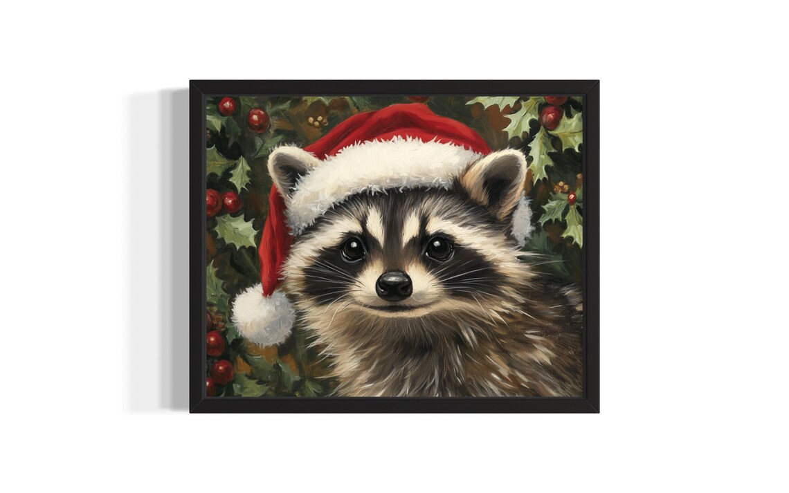 Christmas Raccoon in Santa Hat with Holly Berries Painting Poster