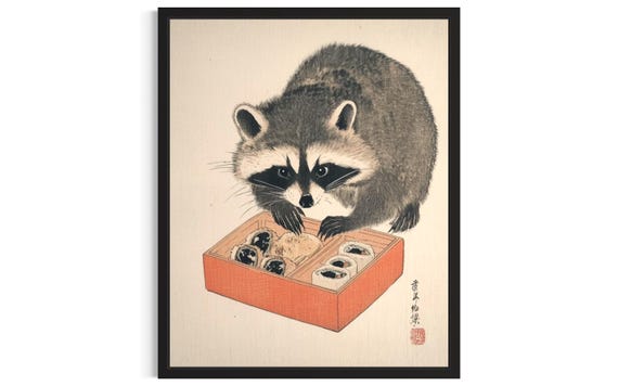 Raccoon Animal Kitchen Sushi Poster Art Print Wall Original Painting Artwork Decor