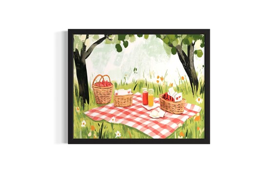 Children Picnic Under Apple Trees Kids Nature Illustration Poster