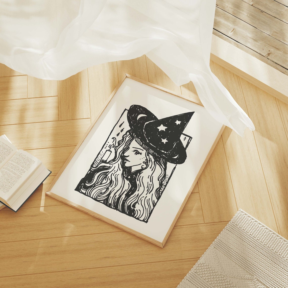 Witch Sketch Starry Hat Line Art Poster for Spooky Halloween Decor - Image 3