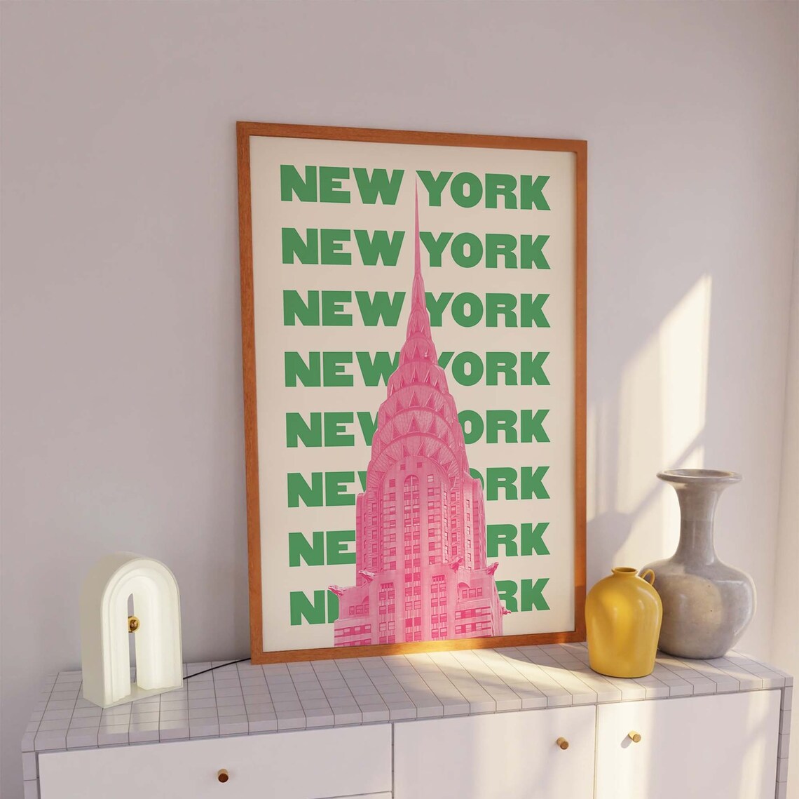 New York Chrysler Building Pink Green Retro Travel Text Poster - Image 2