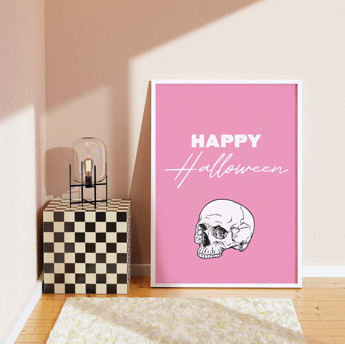 Happy Halloween Skull Script Lettering Pink Gothic Style Wall Art - Image 7
