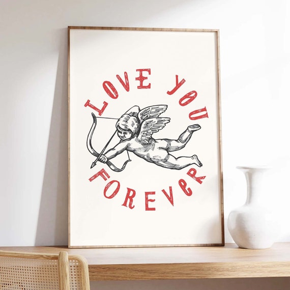 Love You Forever Print Art Valentines Day Decor Red Wall Art Trendy Valentines Cute Cupid Print