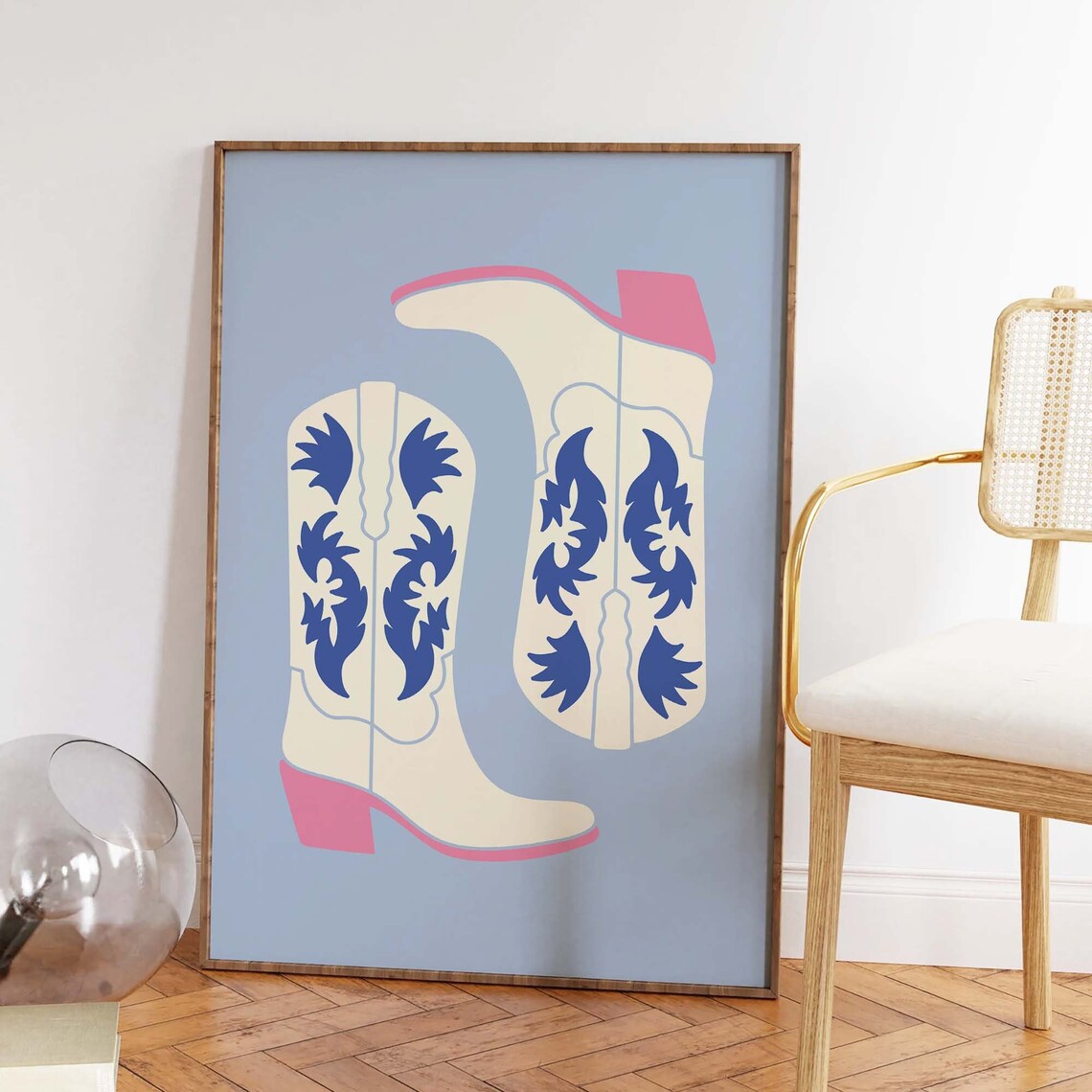Blue Floral Cowgirl Boots Pink Sole Western Retro Cowgirl Poster - Image 2