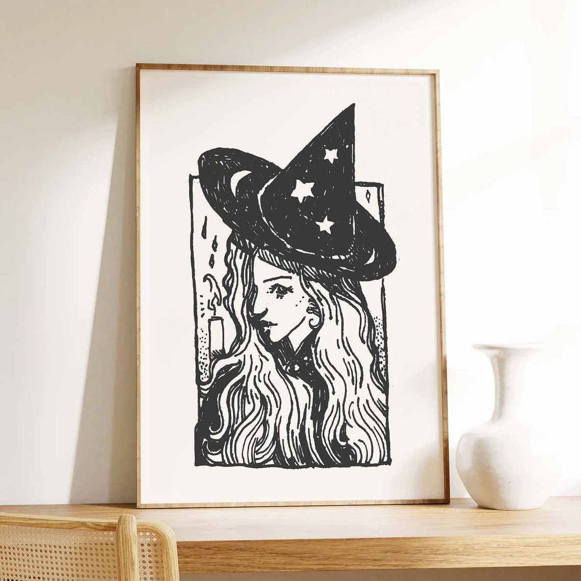 Witch Sketch Starry Hat Line Art Poster for Spooky Halloween Decor - Image 2